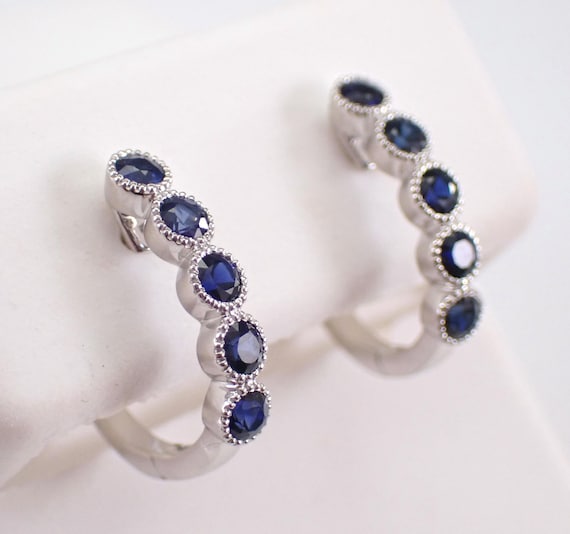 White Gold Sapphire Hoop Earrings - Dainty Gemstone Huggies - September Birthstone Fine Jewelry Gift