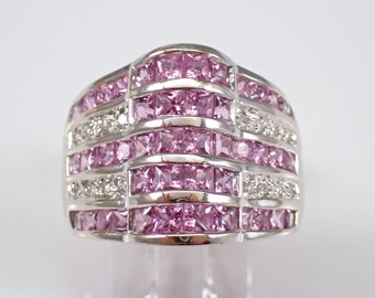 Pink Sapphire and Diamond Ring - Large 14k White Gold Fine Jewelry Gift - Unique Princess Cut Gemstone Cocktail Band