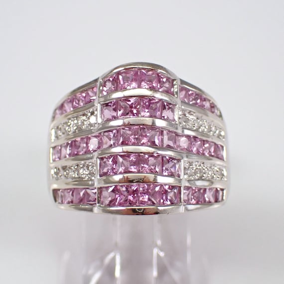 Pink Sapphire and Diamond Ring - Large 14k White Gold Fine Jewelry Gift - Unique Princess Cut Gemstone Cocktail Band