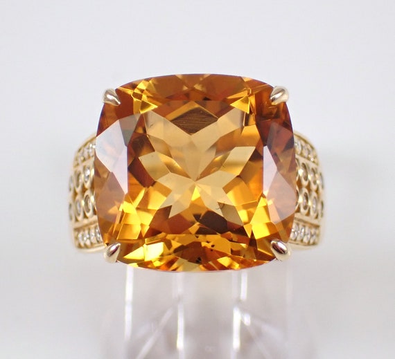 14K Yellow Gold Large Citrine Ring - Diamond Set Engagement Setting -  Chunky Gemstone Cocktail Band