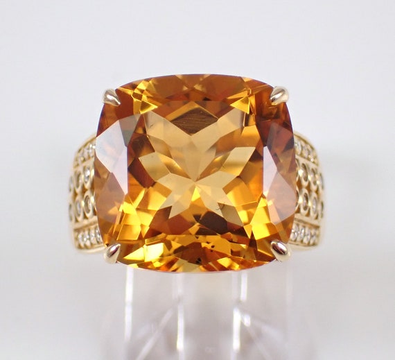 Large Cushion Cut Citrine Ring - Diamond Engagement Setting - 14K Yellow Gold Wide Right Hand Cocktail Ring