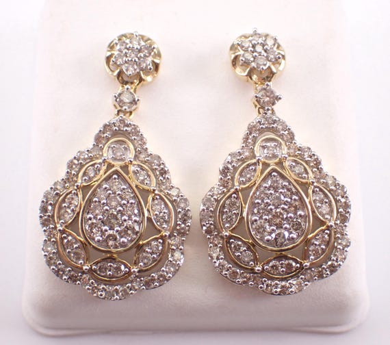 Yellow Gold Diamond Dangle Earrings, Teardrop Cluster Chandelier Drops