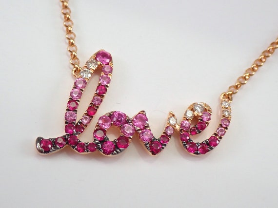 Pink Sapphire and Ruby LOVE Necklace - Unique 18K Rose Gold Pendant and Chain - Gemstone and Diamond Fine Jewelry Gift
