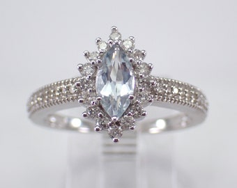 Dainty Aquamarine Engagement Ring - White Gold Diamond Halo Setting - Aqua Marine March Gemstone Jewelry Gift