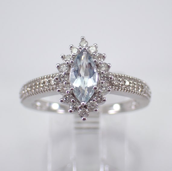 White Gold Aquamarine Engagement Ring - Dainty Diamond Halo Setting - Aqua Marine March Gemstone Jewelry Gift