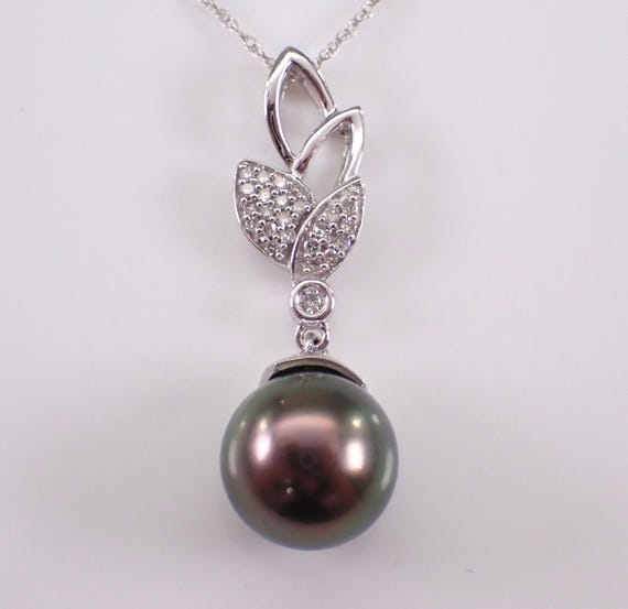 Black Tahitian Pearl and Diamond Necklace - 14K White Gold Dangle Drop Pendant Charm - Simple June Birthstone Jewelry Gift