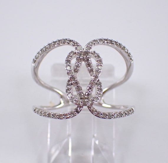 White Gold Love Knot Fashion Ring - Double Row Diamond Bridge Band - Unique Anniversary Fine Jewelry Gift