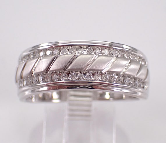 Mens Diamond Wedding Ring - White Gold Textured Anniversary Band - Bridal Multi Row Stackable Jewelry Gift