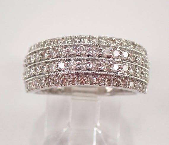 White Gold Diamond Anniversary Band - Wide Multi Row Wedding Ring - Unique Stackable Bridal Fine Jewelry Gift