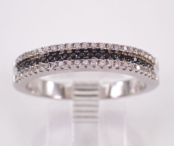 Sterling Silver Cubic Zirconia Wedding Band, Vintage Stackable Black and White CZ Ring, Unique Anniversary Jewelry Gift