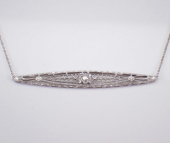 Vintage Old Miner Diamond Bar Pendant, 14K White Gold Charm Necklace and Chain, Unique Estate Station Jewelry Gift