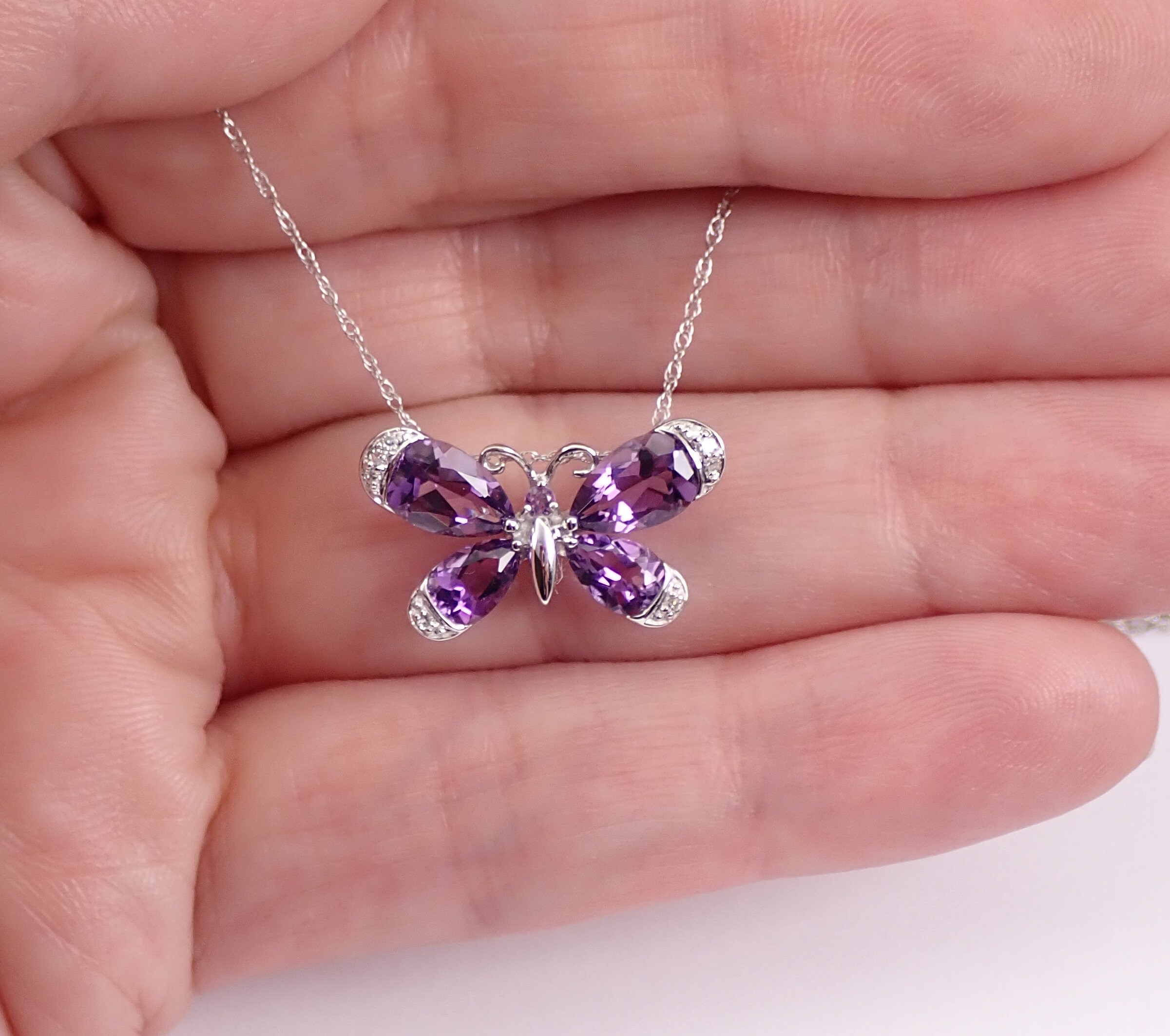 Diamond and Amethyst Butterfly Necklace Pendant 14K White Gold 18 Chain
