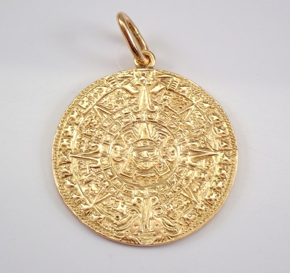 Vintage Solid 18K Yellow Gold AZTEC Calendar Charm Pendant, Estate Large Disk Mayan Calendar Charm for Necklace or Bracelet