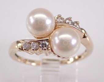 14K Yellow Gold Pearl and Diamond Bypass Ring: Estate Vintage Gemstone Jewelry Gift