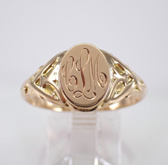 Vintage 14K Yellow Gold Signet Ring - Antique Engraved Initial Scroll Band - Unique Fine Jewelry Gift