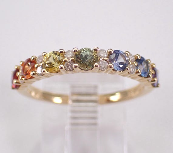 Multi Color Sapphire and Diamond Band - 14K Yellow Gold Stackable Wedding Ring - Colorful Anniversary Fine Jewelry Gift