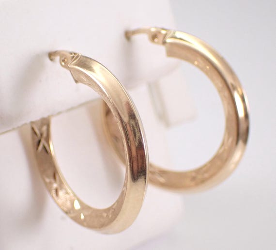 Vintage Yellow Gold Hoop Earrings - Estate Starburst Design Huggies