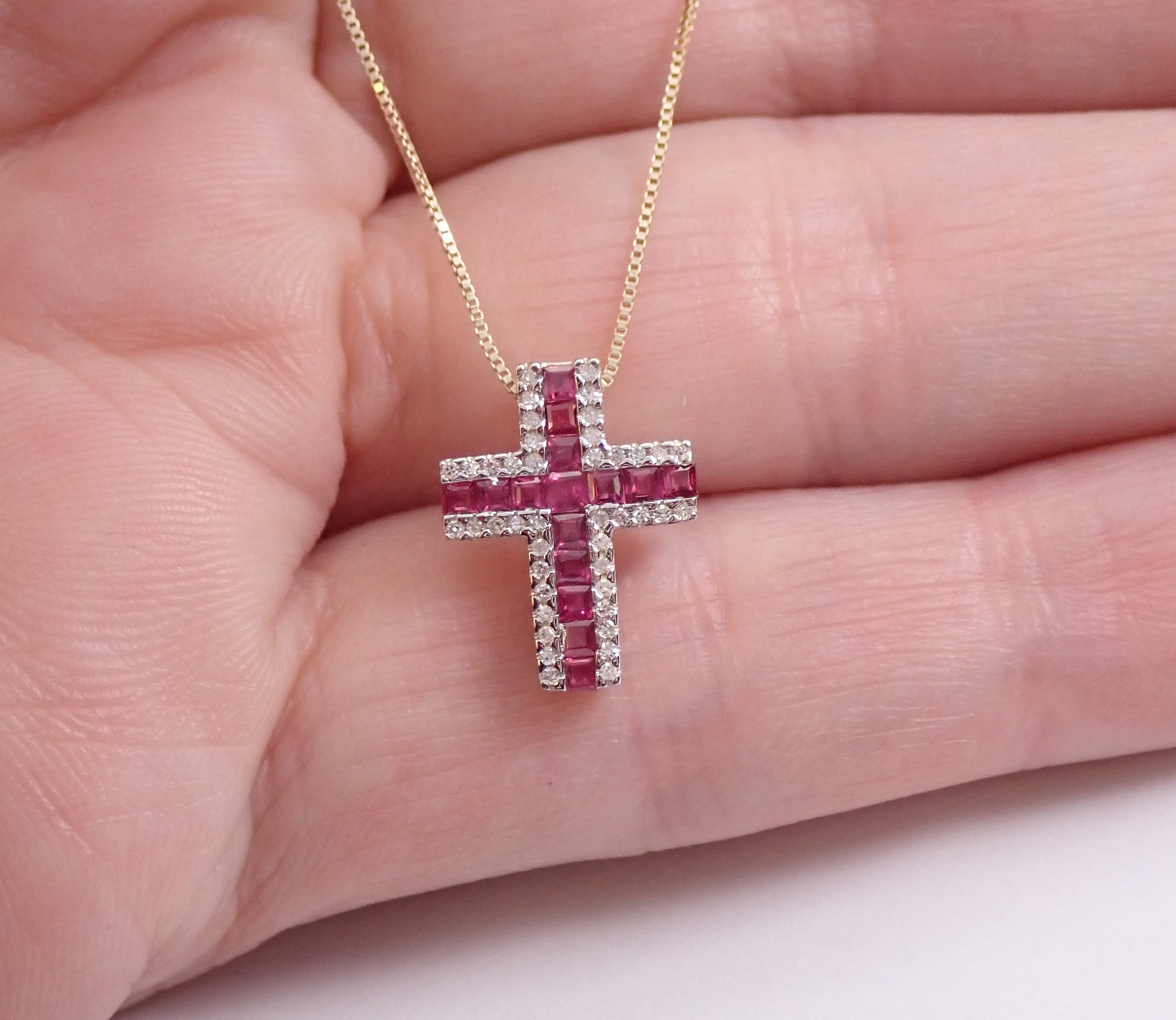 Diamond and Ruby Cross Pendant Necklace 18 Chain 14K Yellow Gold