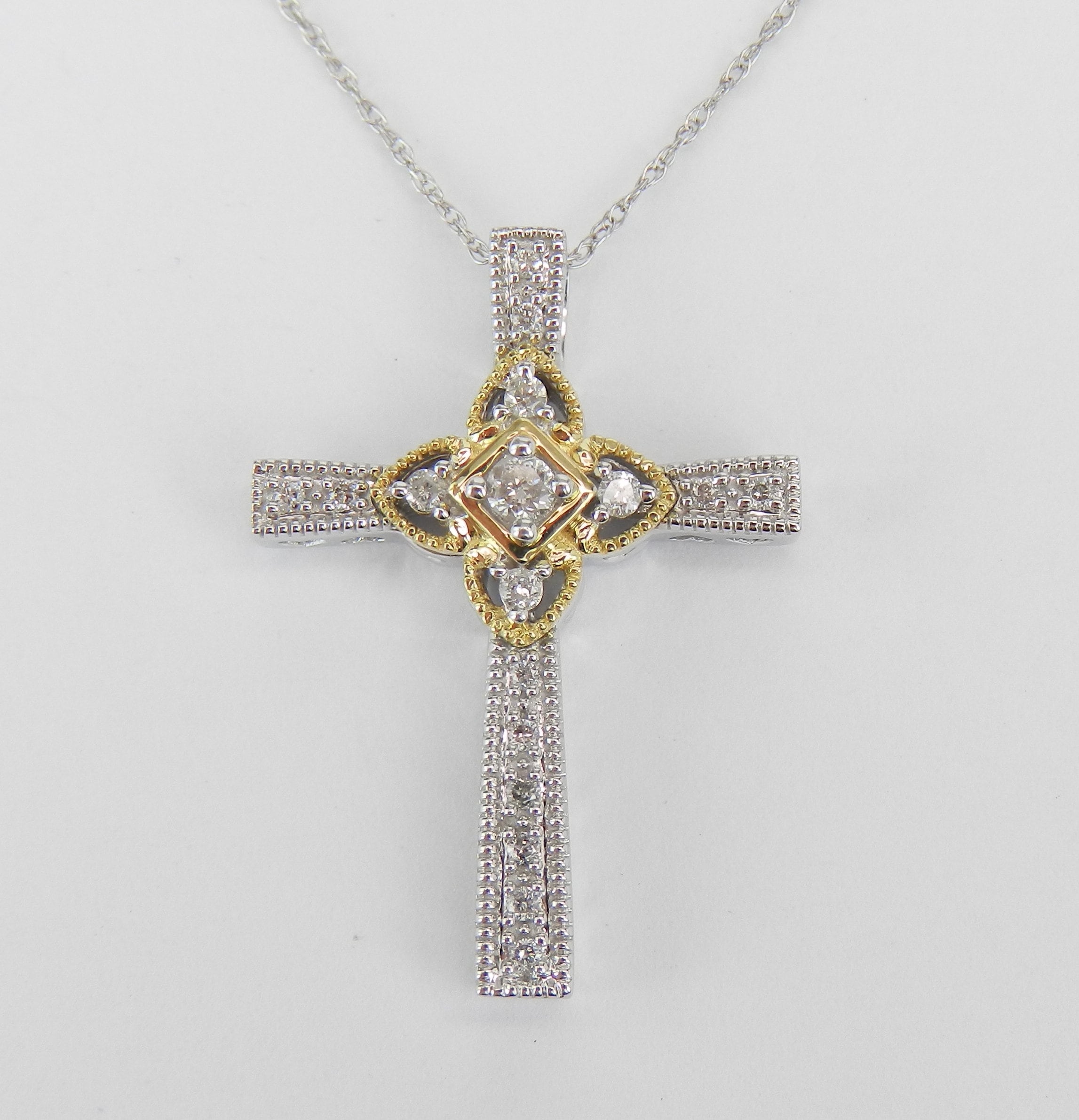 Unisex White and Yellow Gold Diamond CROSS Pendant Necklace Religious
