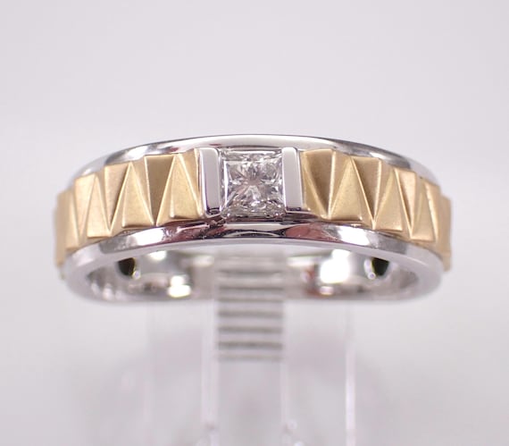 Mens Princess Cut Diamond Wedding Ring, Two Tone Gold Anniversary Band, Unique Textured Stackable Jewelry Gift