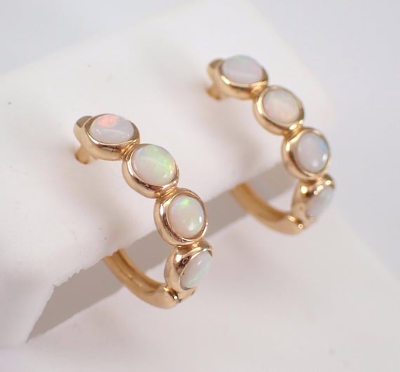 14K Yellow Gold Opal Hoop Earrings - Small Dainty Gemstone Huggies - October Birthstone Fine Jewelry Gift