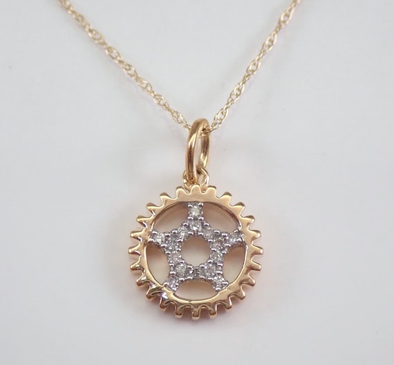 Petite Diamond Circle of Life Pendant Necklace, Solid Yellow Gold Petite Jewelry Gift, Cog Gear Wheel Charm and Chain