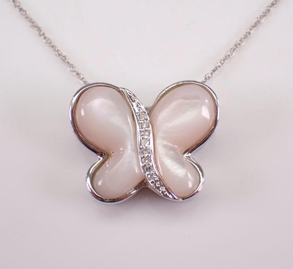 Pink Mother of Pearl Butterfly Necklace - White Gold Diamond Charm Pendant and Chain - GalaxyGems Birthday Jewelry Gift
