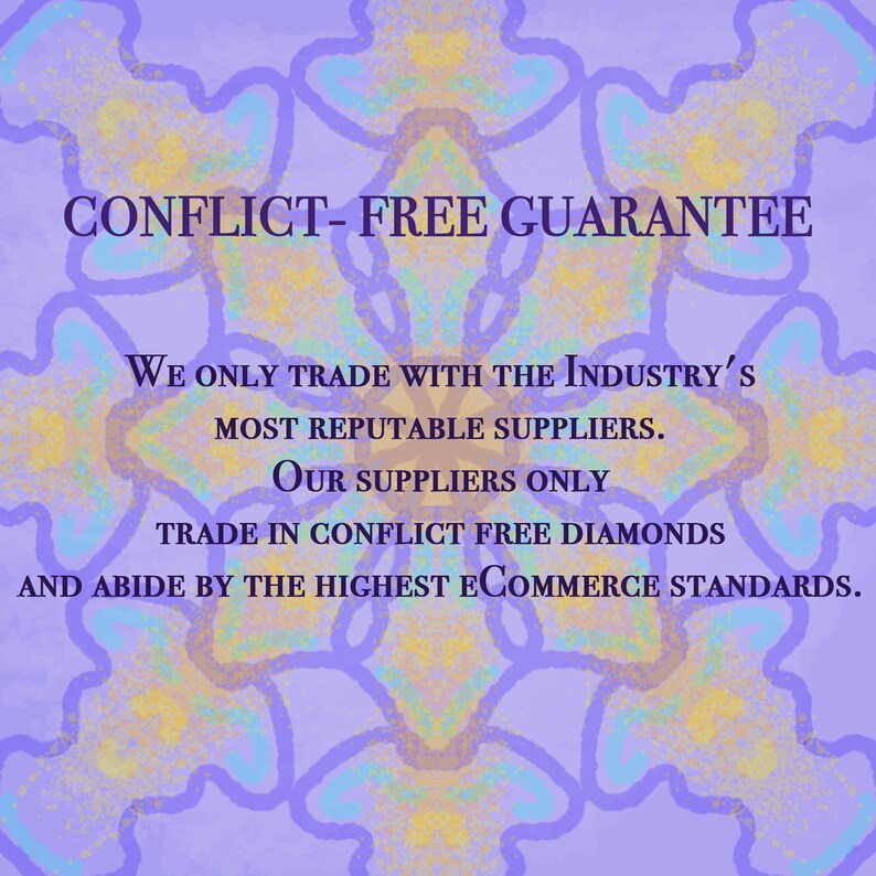 May include: A digitally created image with a light purple background and a floral design. The text "CONFLICT-FREE GUARANTEE" is at the top. The text below states the company only trades with reputable suppliers and conflict-free diamonds.