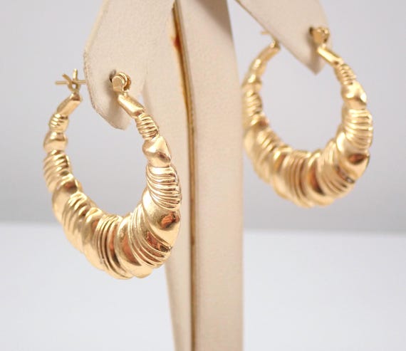 Vintage 14K Yellow Gold Hoop Earrings - Estate Ribbed Chunky Huggies