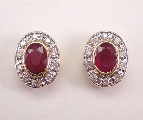 Vintage 14K Yellow Gold Ruby Stud Earrings, Estate Diamond Halo Setting, July Birthstone Fine Jewelry Gift