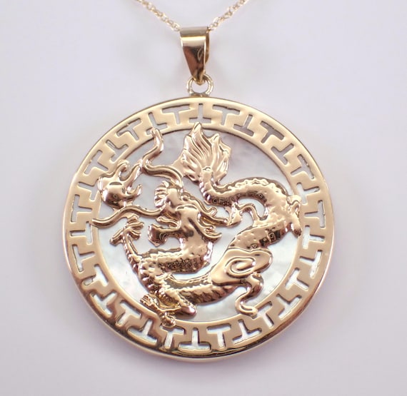 14K Yellow Gold Mother of Pearl Dragon Necklace, Large Asian Disk Emblem Charm Pendant and Chain, Good Luck Protection Jewelry Gift