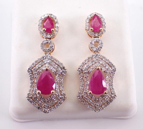 14K Yellow Gold Ruby and Diamond Earrings - Unique Gemstone Dangle Drops - July Birthstone Fine Jewelry Gift