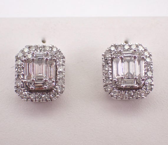 White Gold Diamond Stud Earrings: Rectangular Halo Cluster Studs