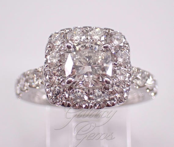 14K White Gold Diamond Engagement Ring: GIA Certified 1.47ct Cushion Cut Halo Setting