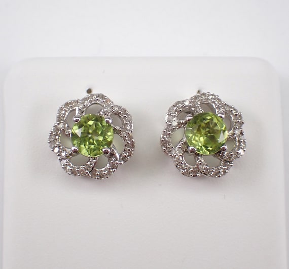 Genuine Peridot Flower Earrings, White Gold Diamond and Gemstone Studs, August Gemstone Floral Jewelry for Women