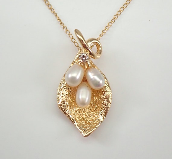 Vintage Pearl and Diamond Drop Pendant, Solid 14K Yellow Gold Necklace Chain, June Birthstone Gift