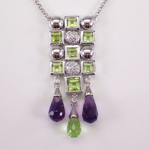 14K White Gold Amethyst and Peridot Briolette Necklace, Diamond and Square Gemstone Dangle Pendant and Chain - Large Dressy Choker Charm
