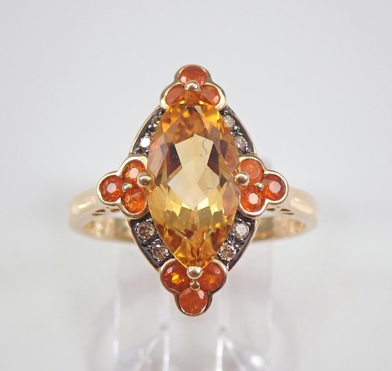 Handmade Citrine and Fire Opal Ring, 14K Yellow Gold Cognac Diamond Halo Engagement Ring, Gorgeous Special Occasion Gift for Her