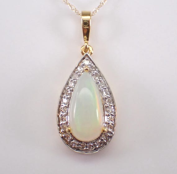 Yellow Gold Opal and Diamond Necklace: Teardrop Halo Pendant Charm Choker Chain - October Birthstone Jewelry Gift