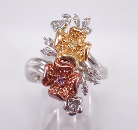 Vintage Sterling Silver Flower Ring, Multi Color Cubic Zirconia Clusters, Unique Pink Yellow Floral Design