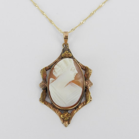 Antique Yellow Gold Cameo Necklace, Unique Dainty Victorian Charm Pendant, Vintage Thin Delicate Chain