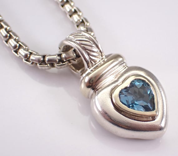 David Yurman Blue Topaz Heart Charm Enhancer Pendant: 14K Yellow Gold and Sterling Silver 36" Chain Necklace