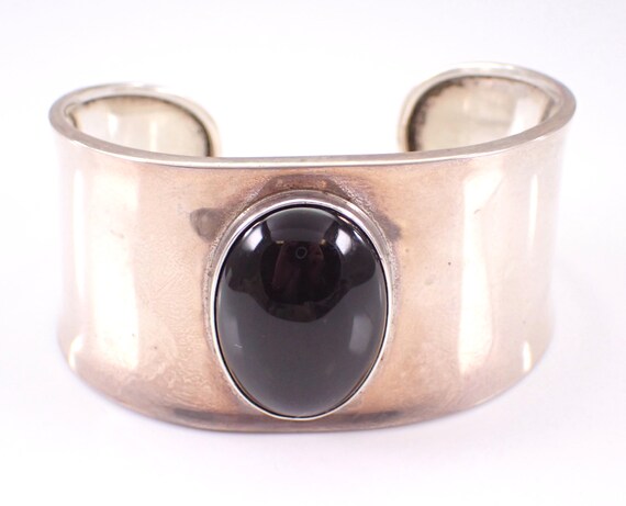 Vintage Sterling Silver Onyx Bangle Bracelet - Wide Chunky Gemstone Cuff - Unique Estate Jewelry Gift