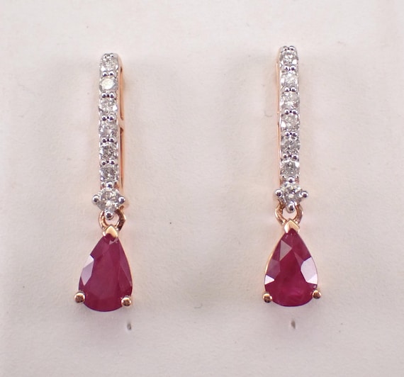 14K Rose Gold Ruby and Diamond Earrings: Dainty Dangle Teardrop Drops