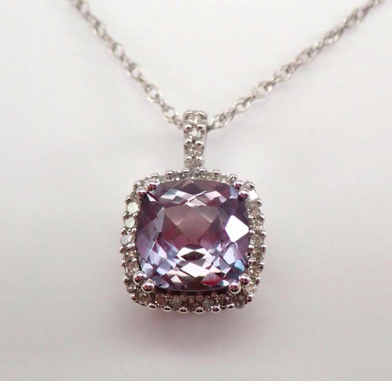 Alexandrite and Diamond Halo Pendant - White Gold Charm Necklace with Chain - Color Change Gemstone Jewelry Gift