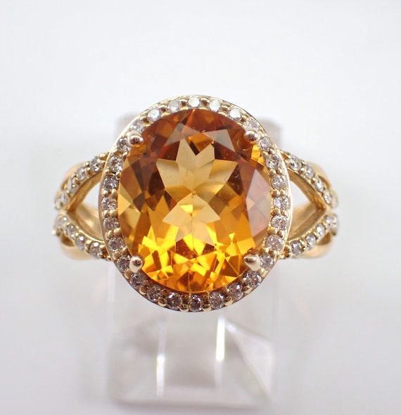 Large Citrine and Diamond Ring - Genuine Halo Engagement Setting - 14K Yellow Gold November Gemstone Jewelry Gift