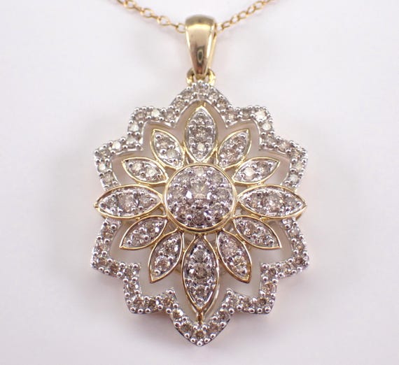Yellow Gold Diamond Flower Pendant Necklace: Large Cluster Charm Slide Choker Chain