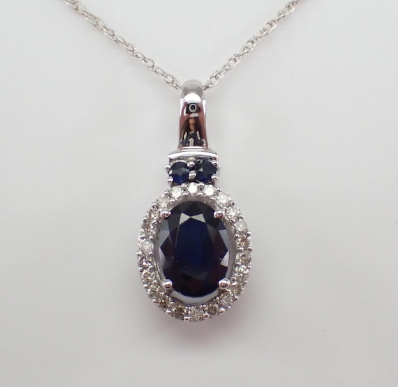 White Gold Sapphire Charm Necklace - Diamond Dangle Pendant and Chain -  September Gemstone Fine Jewelry Gift