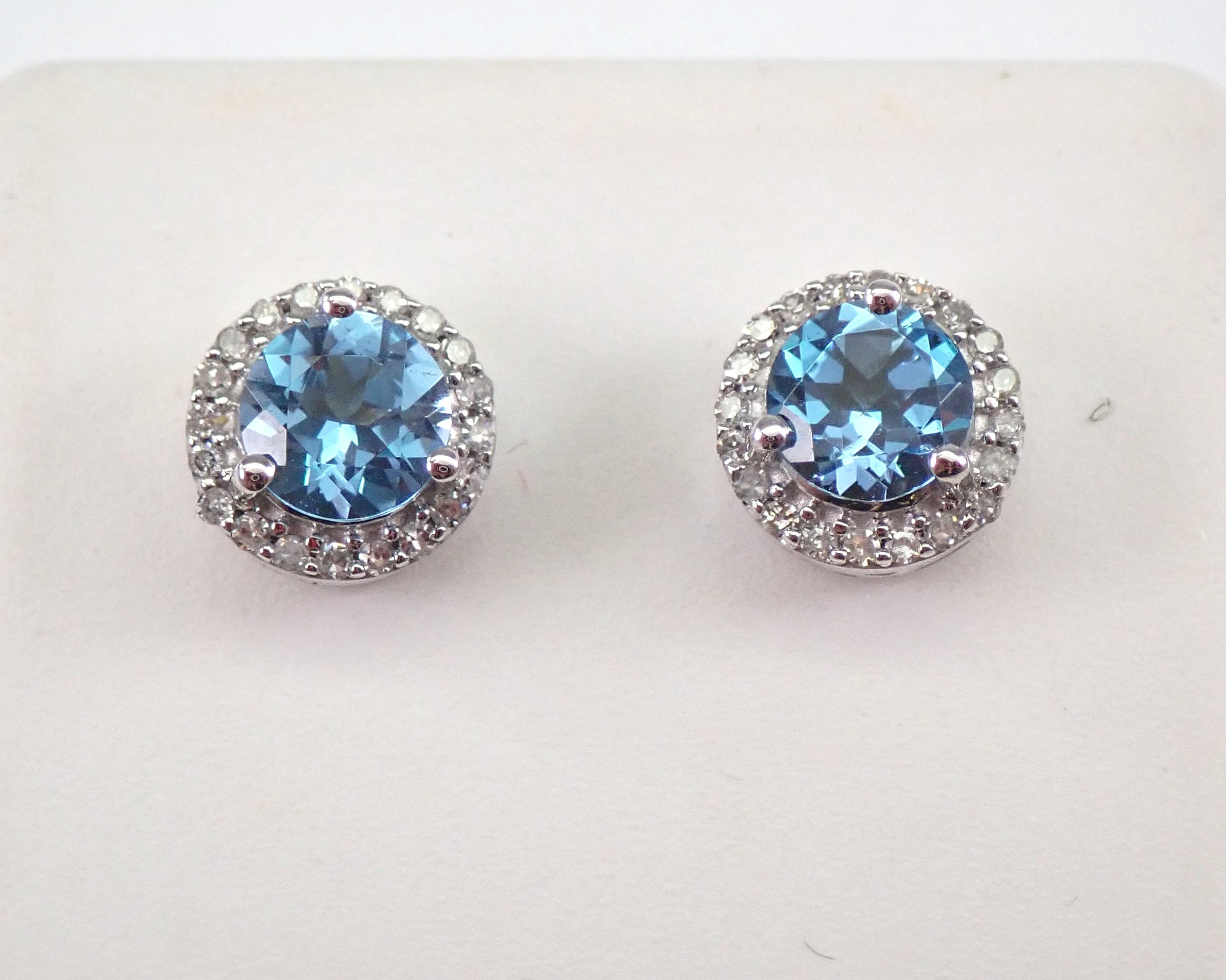 Blue Topaz and Diamond Stud Earrings Halo Studs 14K White Gold | Etsy