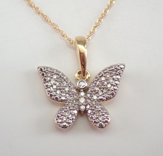 Yellow Gold Diamond Butterfly Necklace 18" Chain Petite Pendant Wedding Gift
